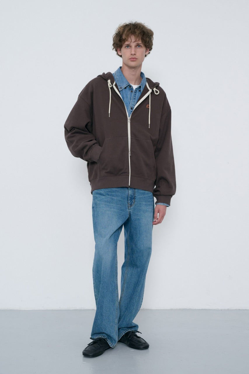 Dunst Unisex Leather Logo Zip-Up Hoodie Brown