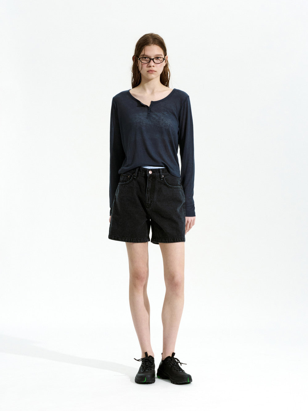 Low Classic See-Through Henry Neck Long Sleeve T-Shirt Charcoal Navy