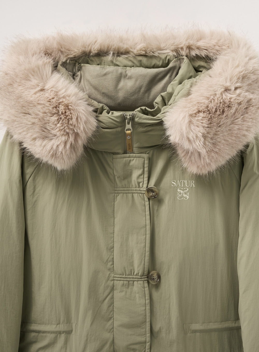 [satur] (W) Synthetic Fur Collar Hood Long Down - Khaki
