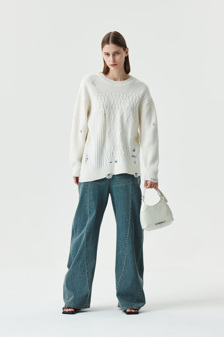 Matinkim Cable Mix Damage Knit Pullover IN Ivory