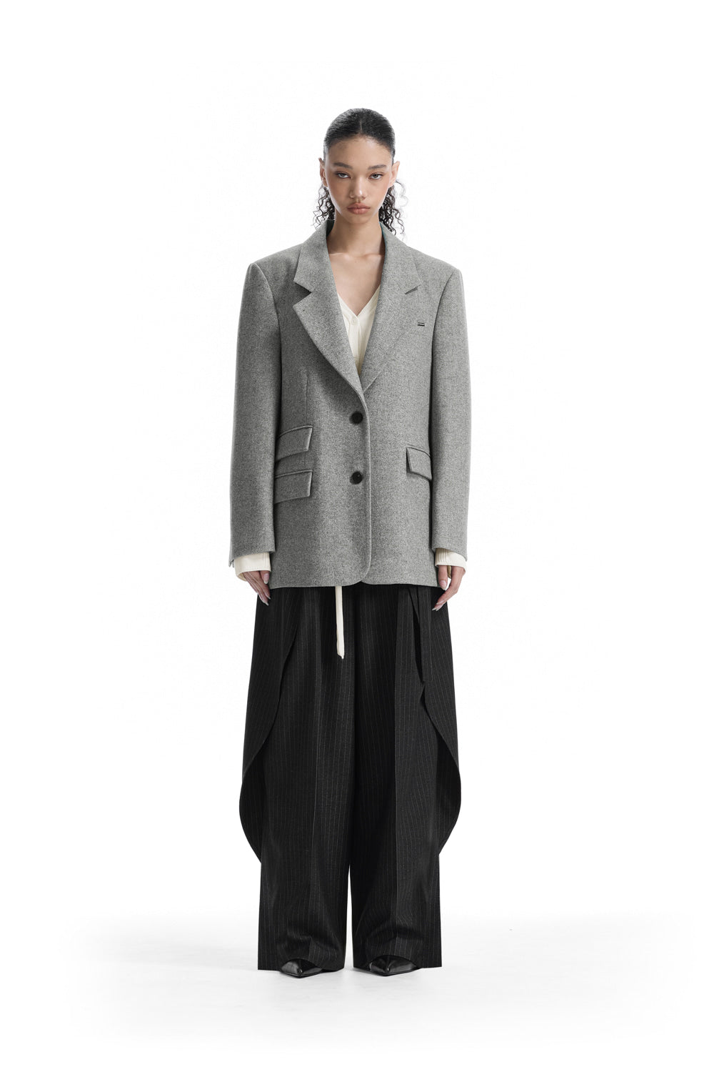Treemingbird Back-Button Oversized Wool Blazer Gray
