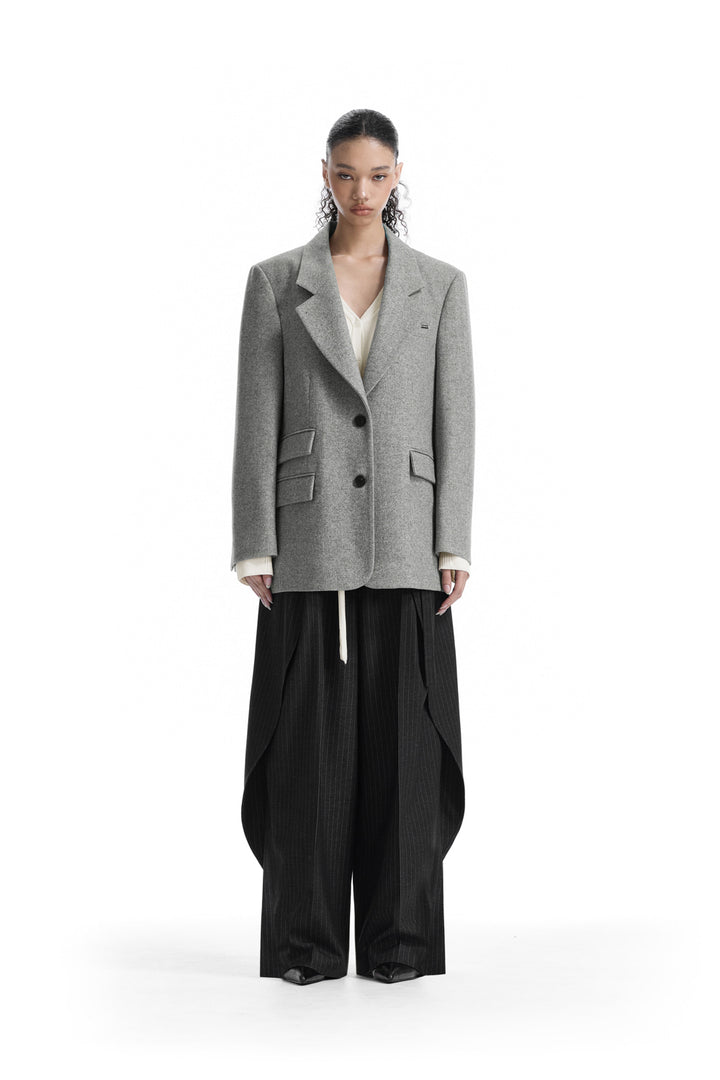 Treemingbird Back-Button Oversized Wool Blazer Gray