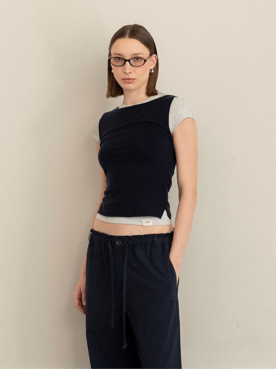 GLOWNY G Knit Slit Sleeveless Top (Navy)