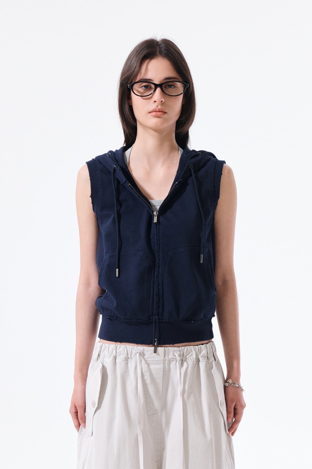 [matinkim] Back Logo Jersey Hood Vest IN Navy