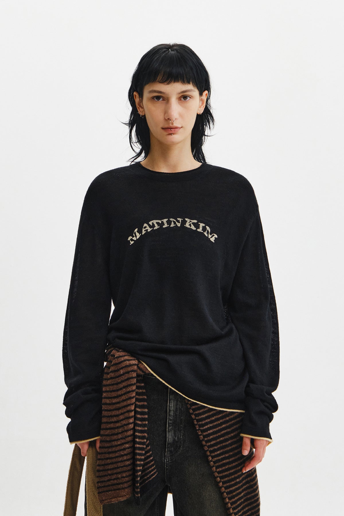 Matinkim Matin Sleeve Graphic Sheer Knit Pullover IN Black