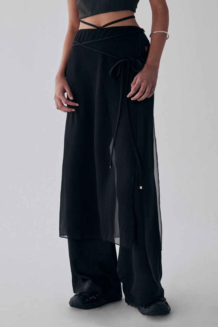 Treemingbird See-Through Strap Wrap Pants Black