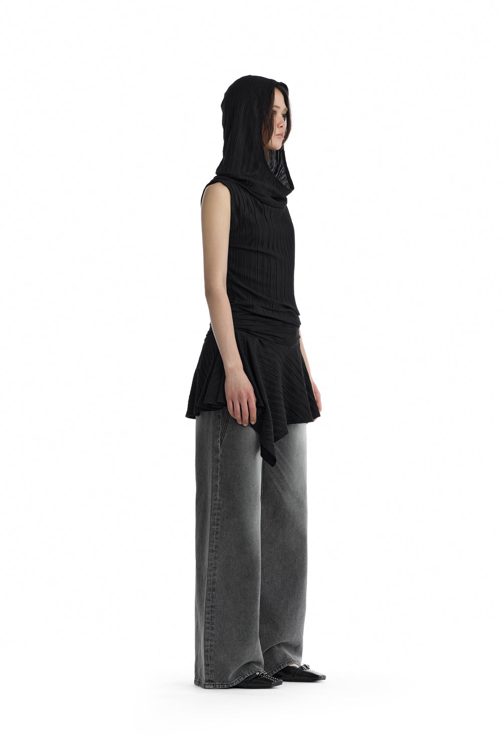 Treemingbird Crinkle Draped Hooded Sleeveless Dress Black