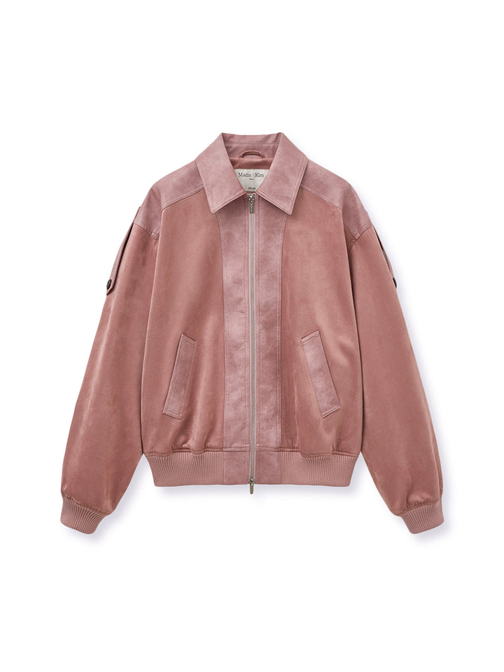 Matinkim Suede Mix Leather Zip UP Jumper For Women IN Pink