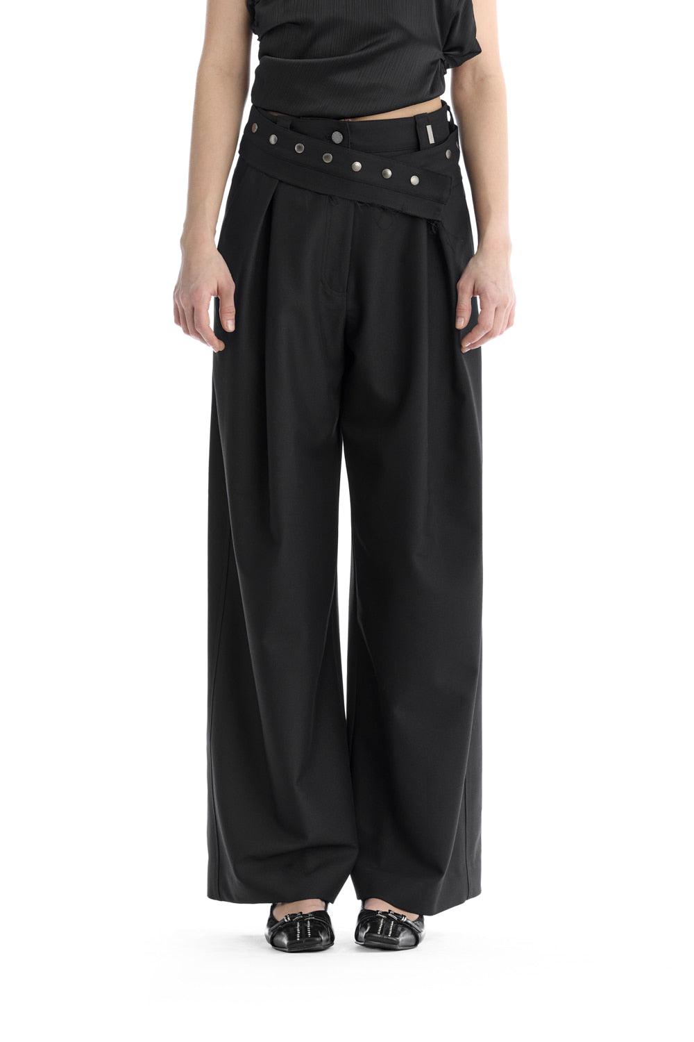 Treemingbird Removable Snap Belt Pleated Pants Black