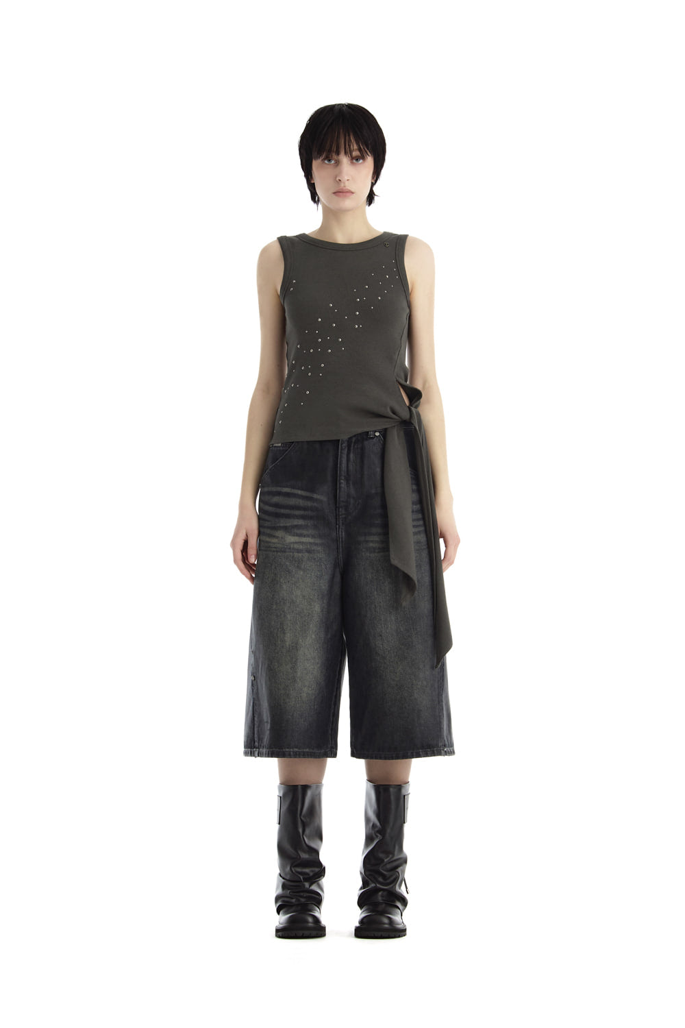 Treemingbird Diagonal Spark Ribbed Sleeveless Top Charcoal