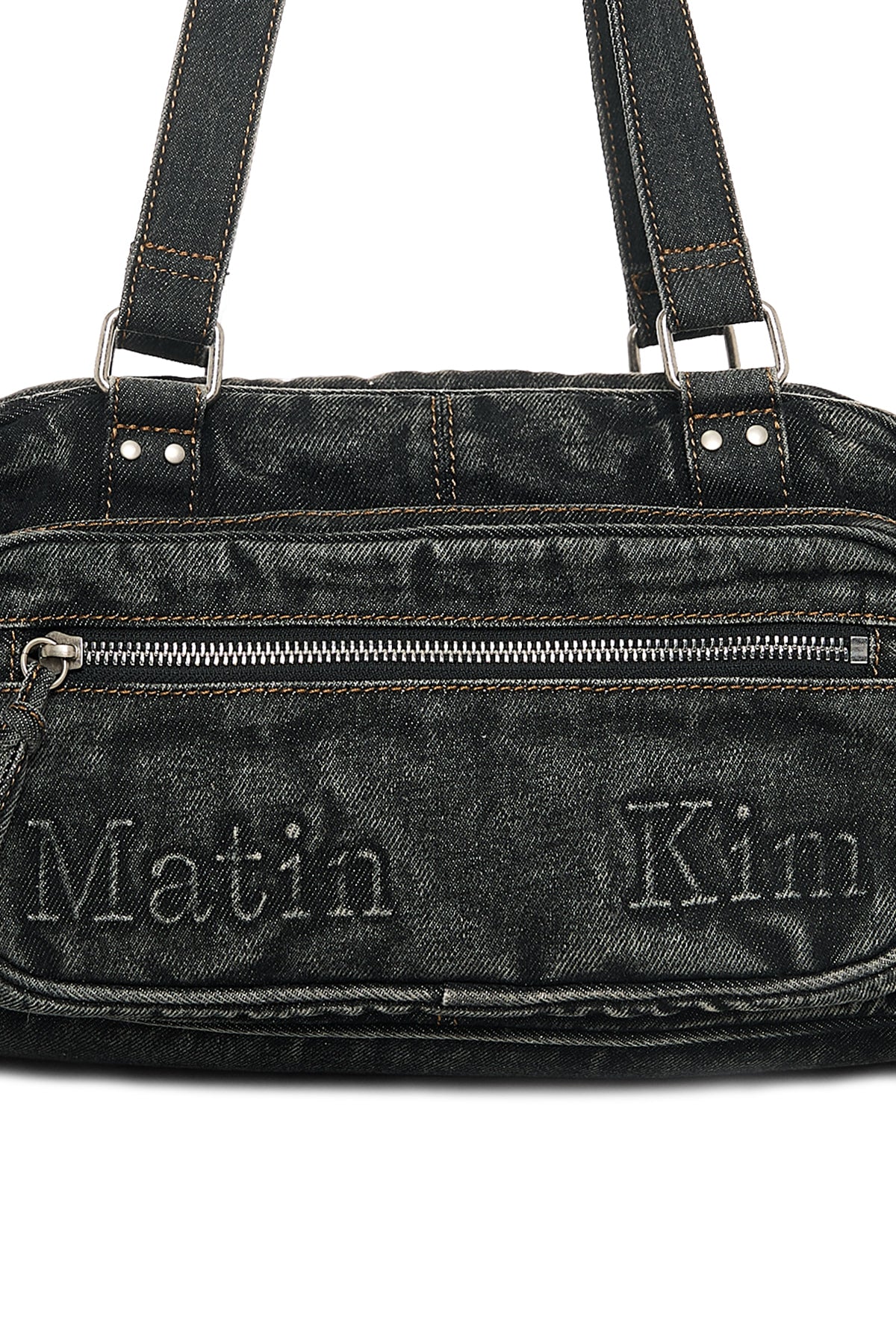 Black denim shoulder bag by Matin Kim, featuring a minimalist one-pocket design.