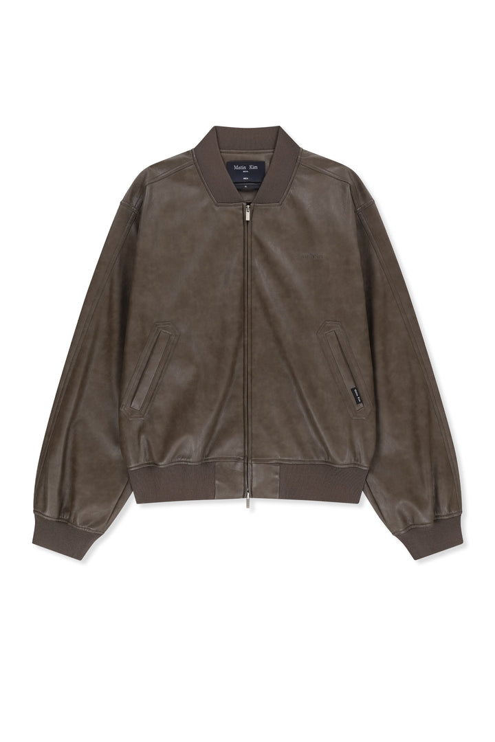 Matinkim Faux Leather Rib Collar Blouson For Men IN Brown