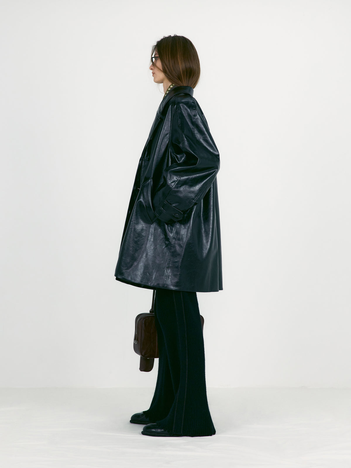 Low Classic Textured Leather Half Coat Black