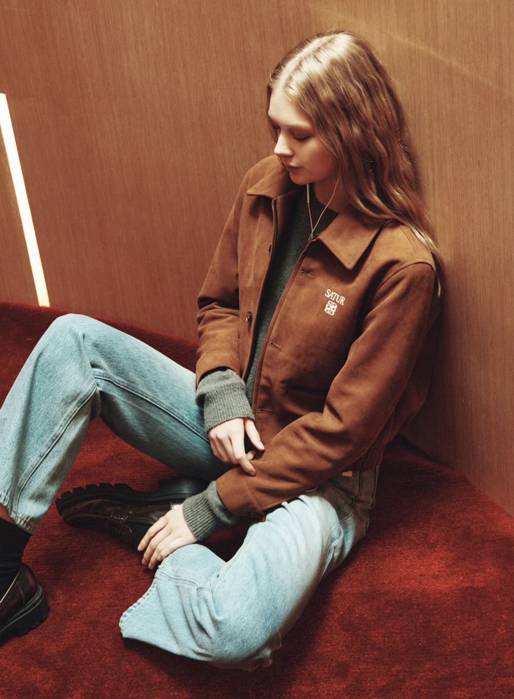 [satur] (W) Teo Faux Suede Short Jacket - Camel Brown