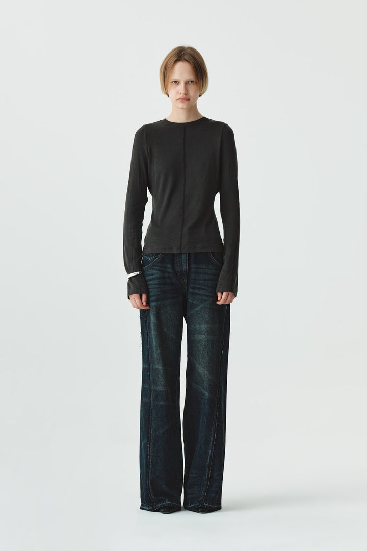 Matinkim Washed Cut Out Wide Denim Pants IN Navy