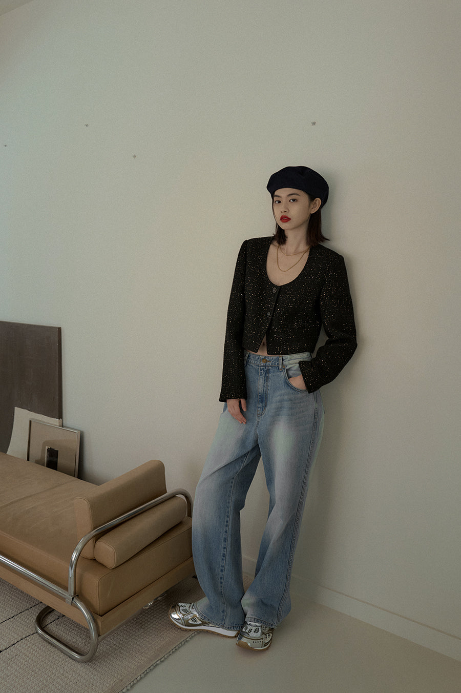 Overdueflair Tweed U Neck Crop Jacket Black
