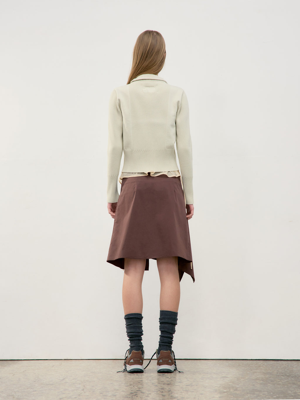 Low Classic Unbalance Drape Mini Skirt Brown