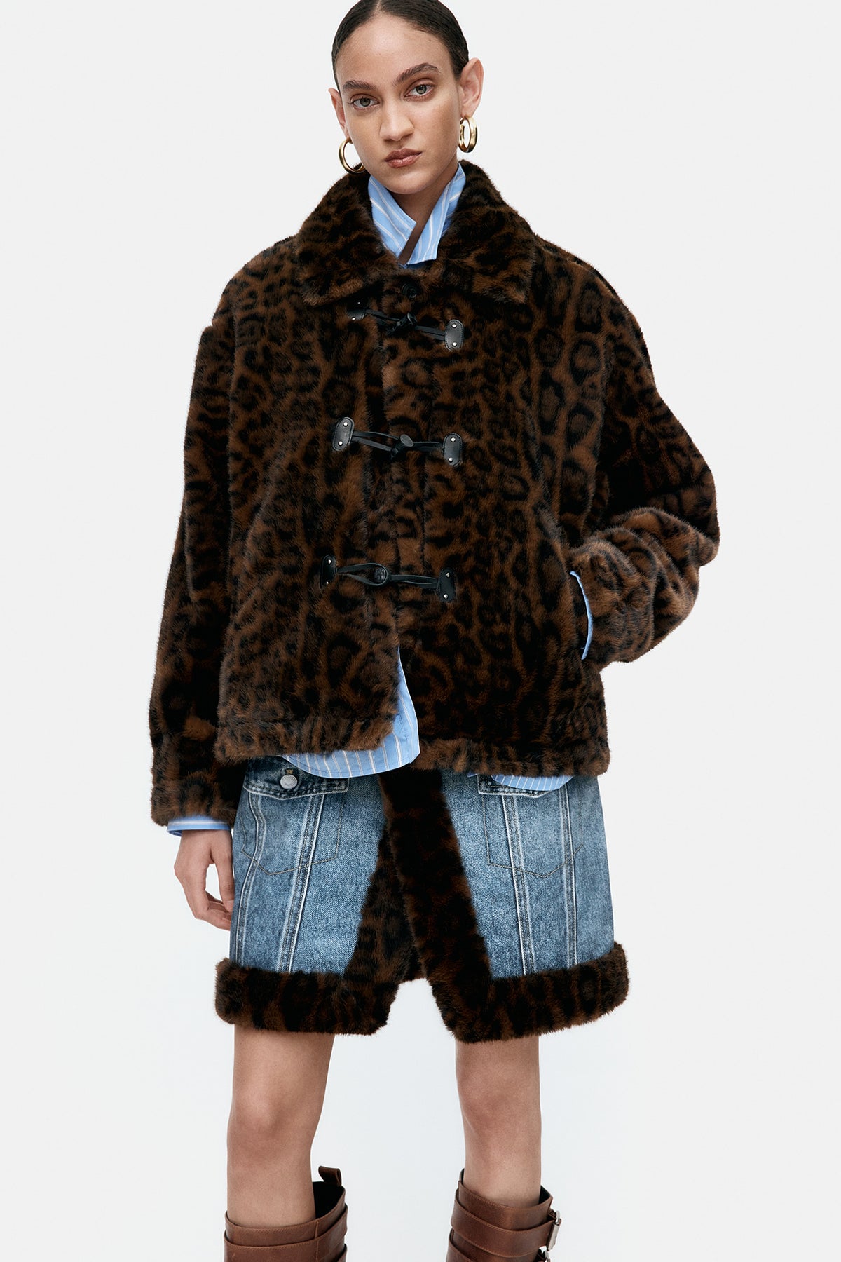 Andersson Bell Fur-Edged Denim Print Skirt