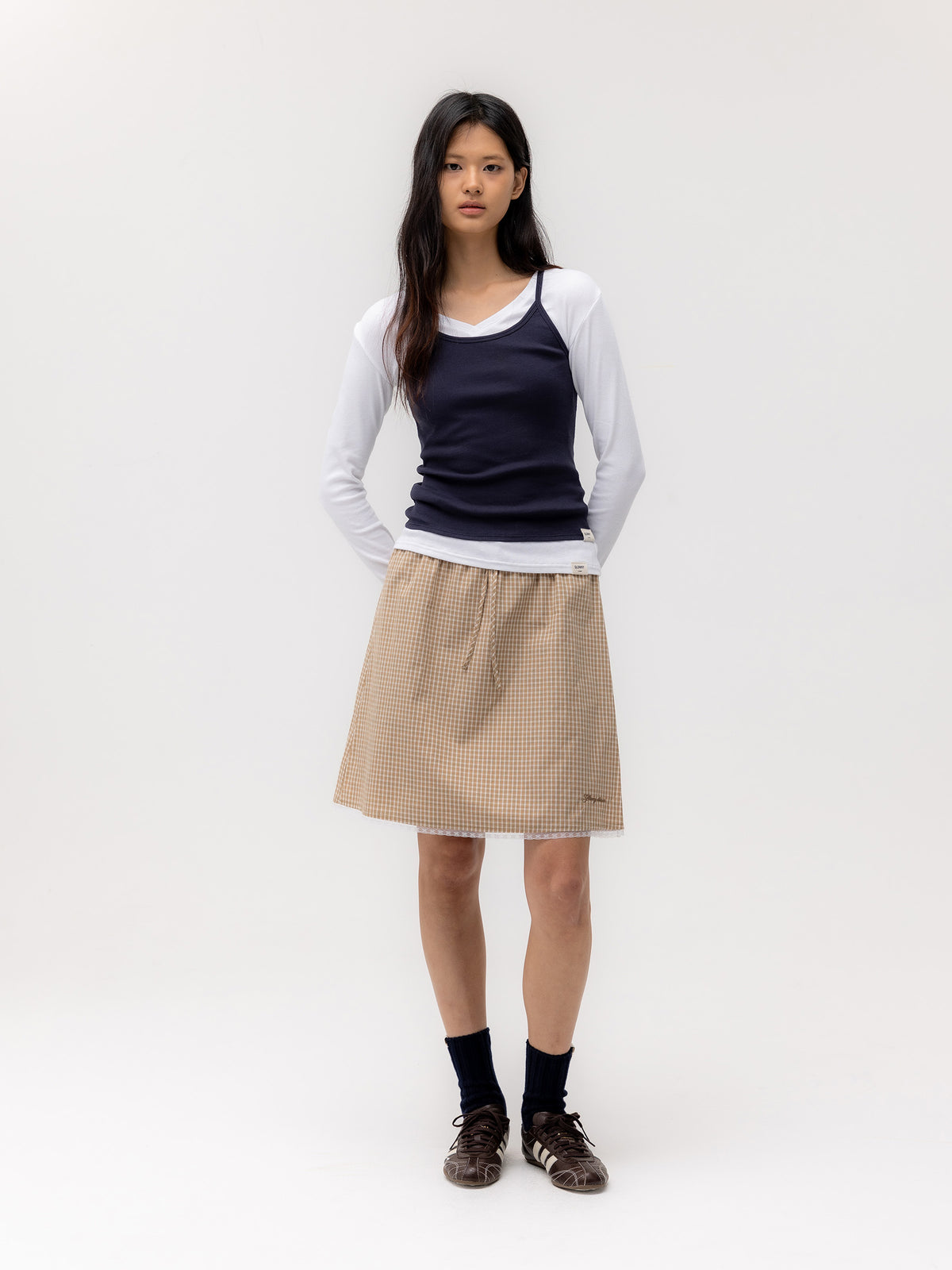 GLOWNY G Classic Lace-Up Midi Skirt (Beige)