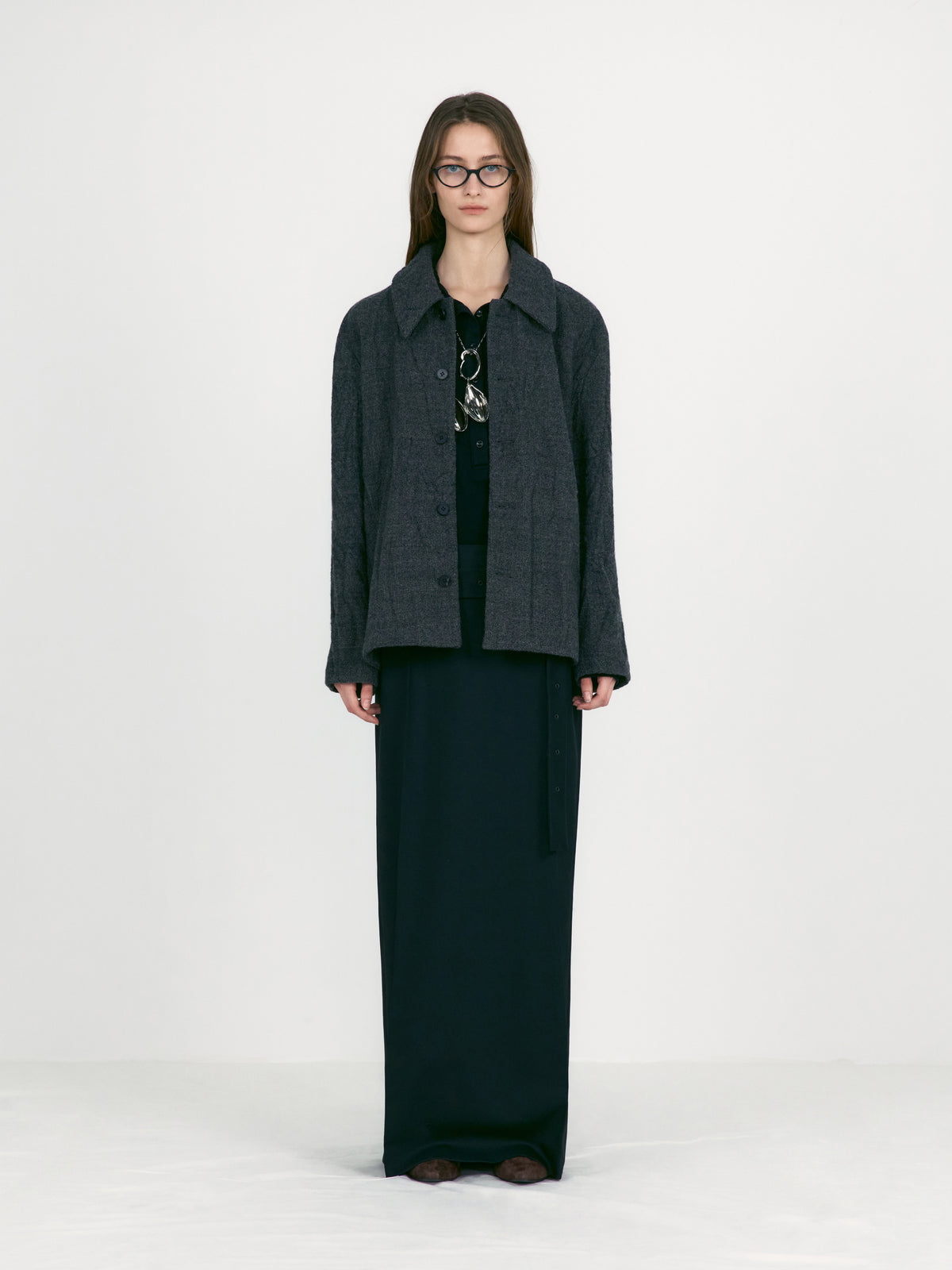 Low Classic Crumpled Wool Collar Jacket Tweed Check Grey