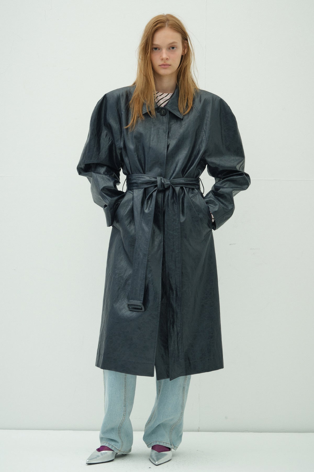Overdueflair Leather Long Trench Coat Navy