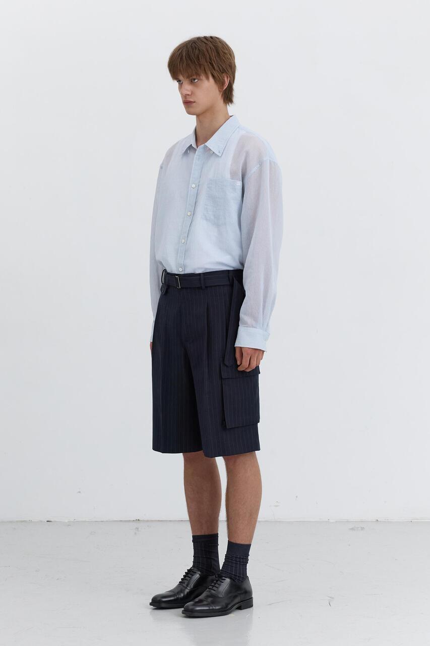 Dunst Belted Multipocket Bermuda Shorts Navy Stripe