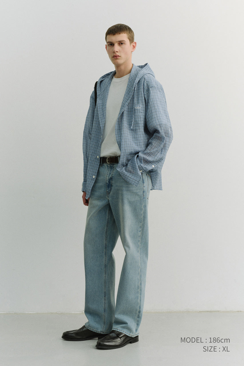 Dunst Unisex Classic Hooded Shirt Soft Blue Check