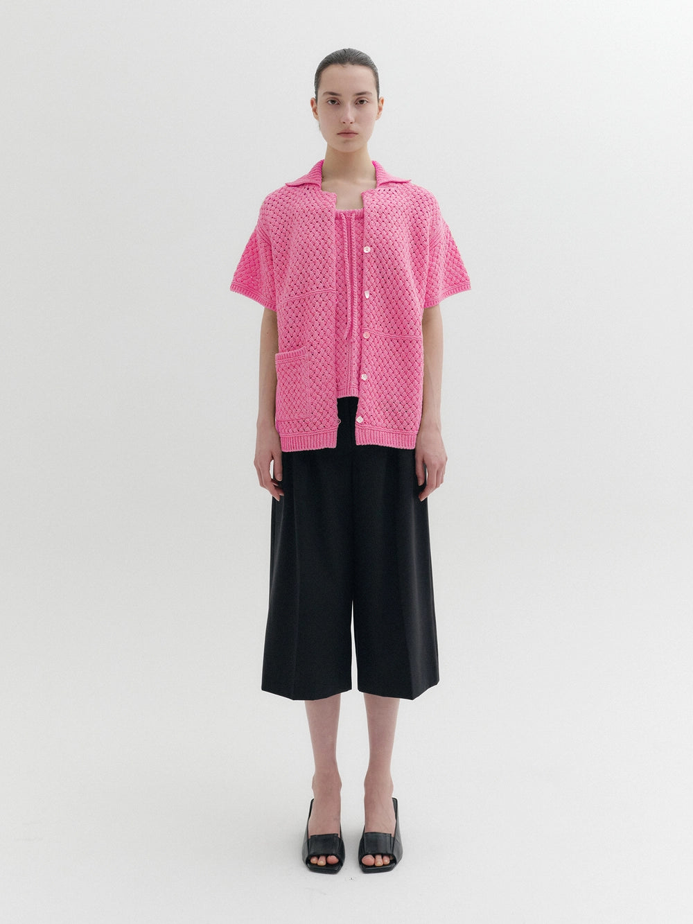 EENK Crochet Tie Strap Knitwear Top - Pink