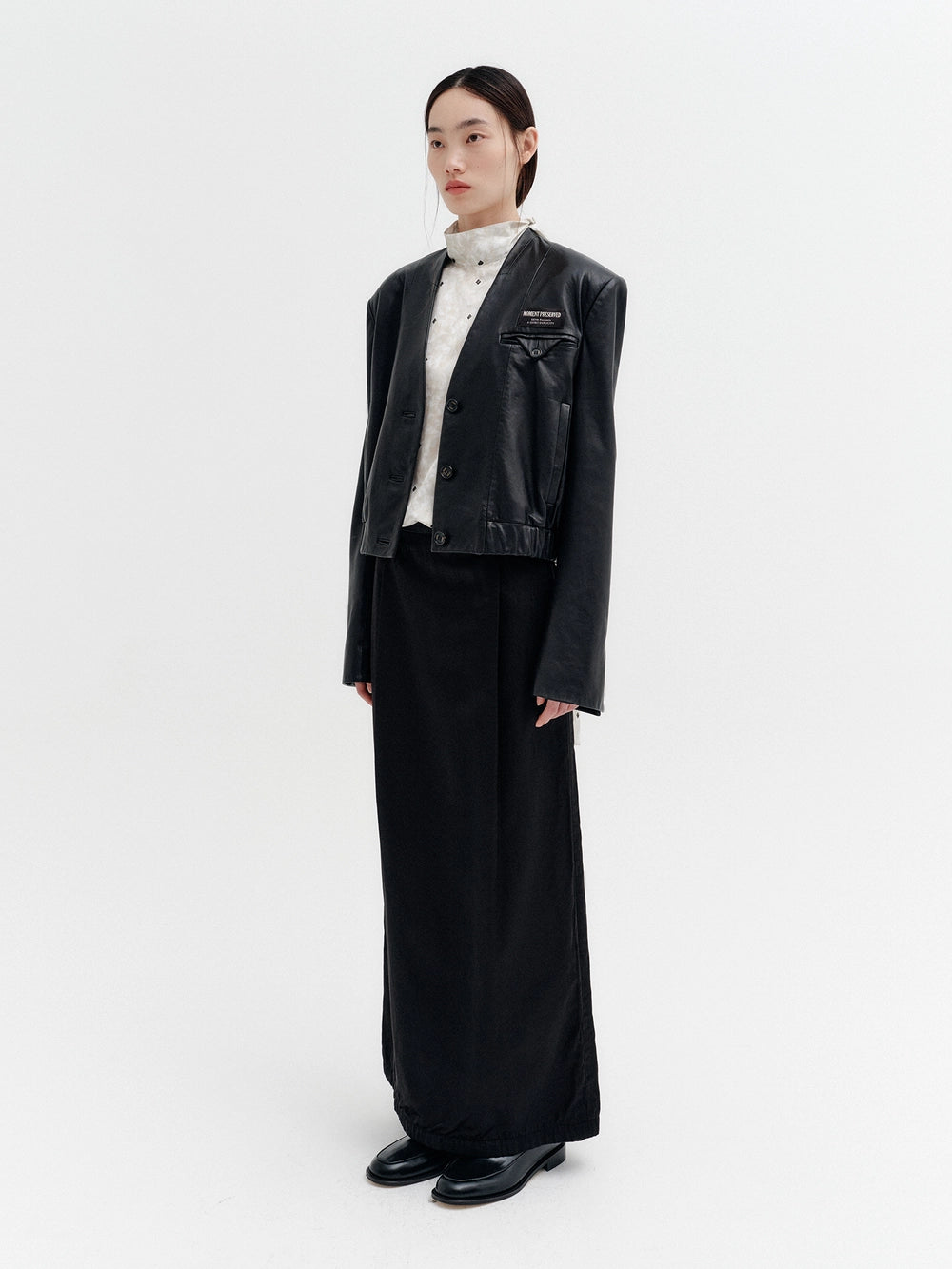 EENK Contrast Crop Leather Jacket - Black