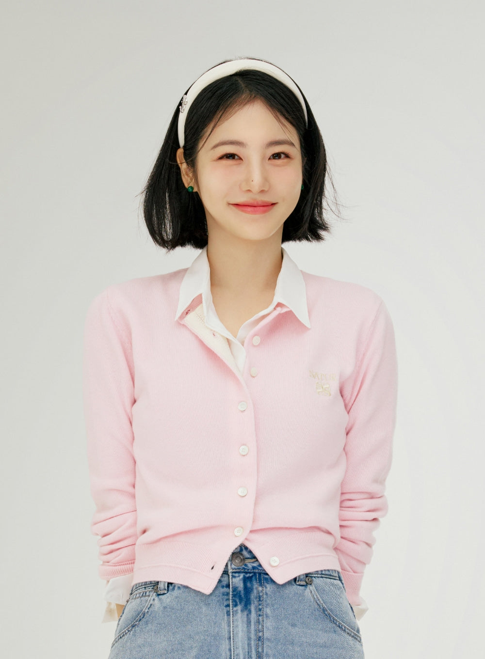 [SATUR] Loren Basic Crewneck Fine Cardigan - Pink