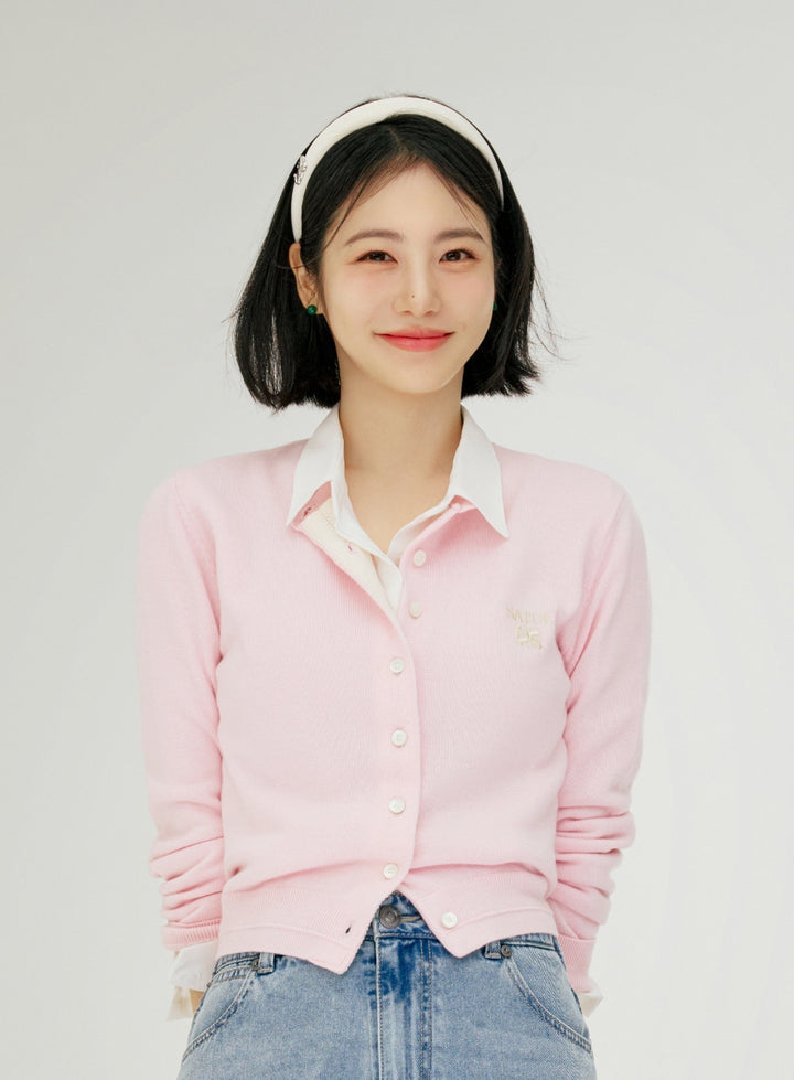 Satur Loren Basic Crewneck Fine Cardigan - Pink