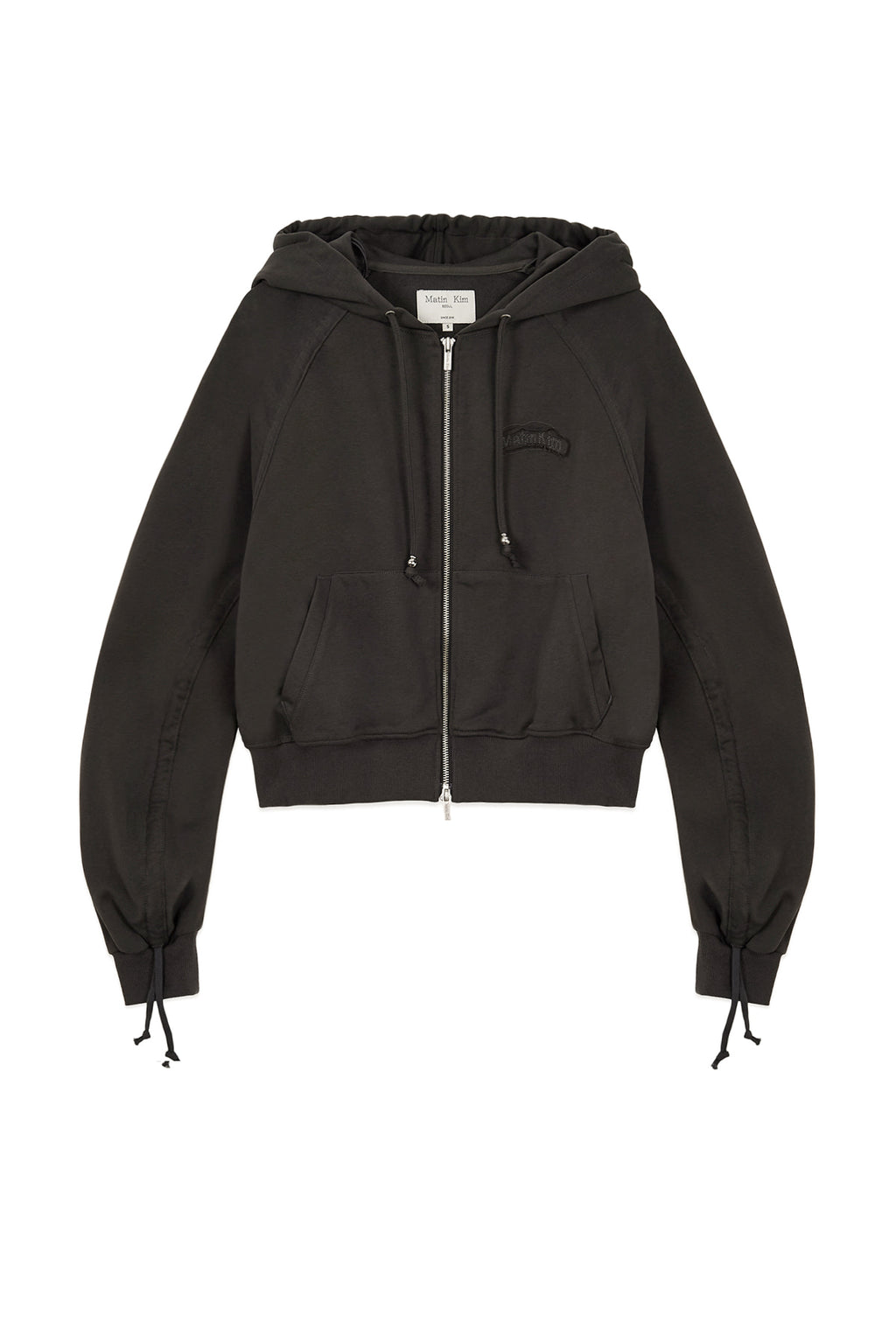 [matinkim] SLEEVE STRING DETAIL HOODY ZIP UP IN CHARCOAL