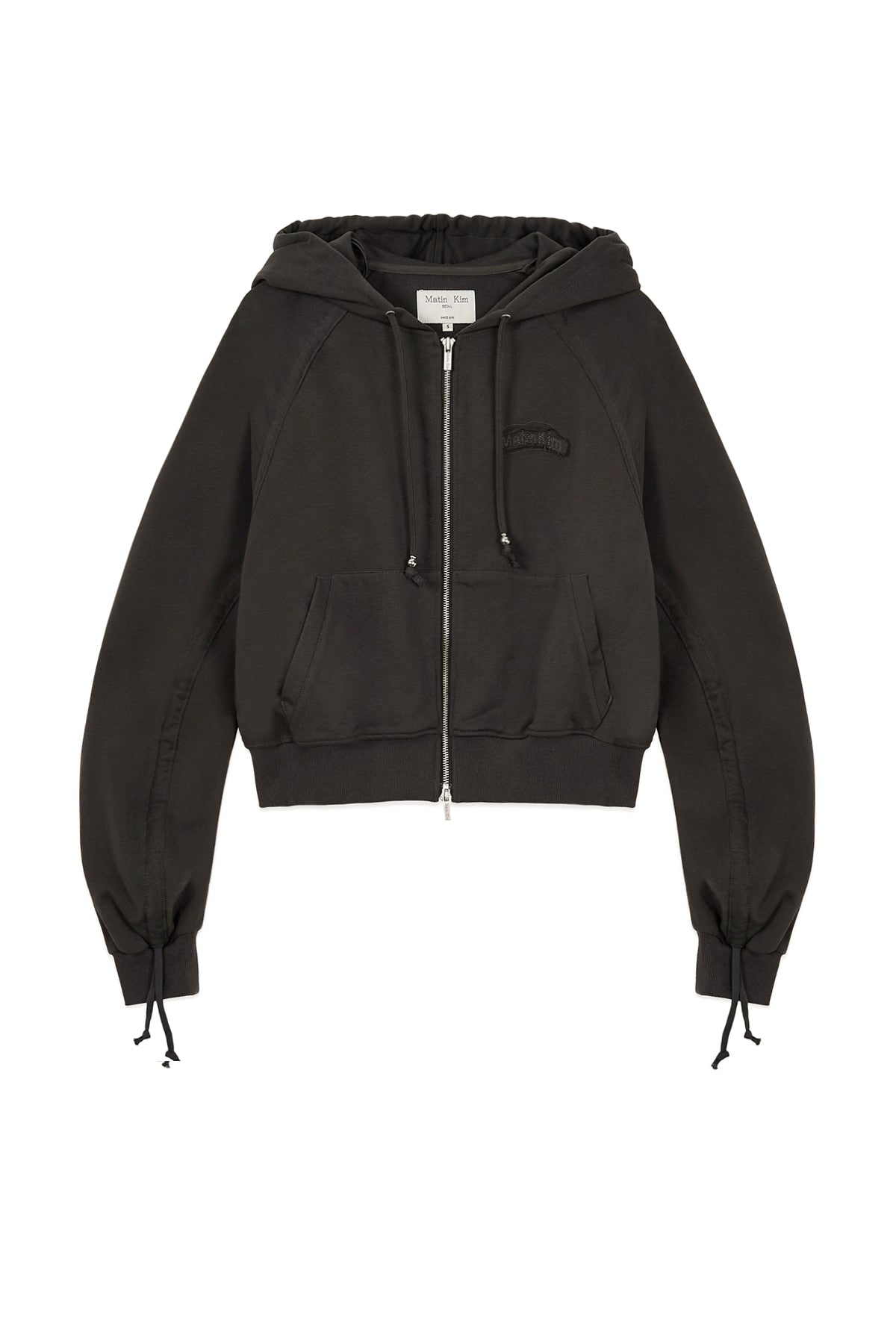 [matinkim] SLEEVE STRING DETAIL HOODY ZIP UP IN CHARCOAL