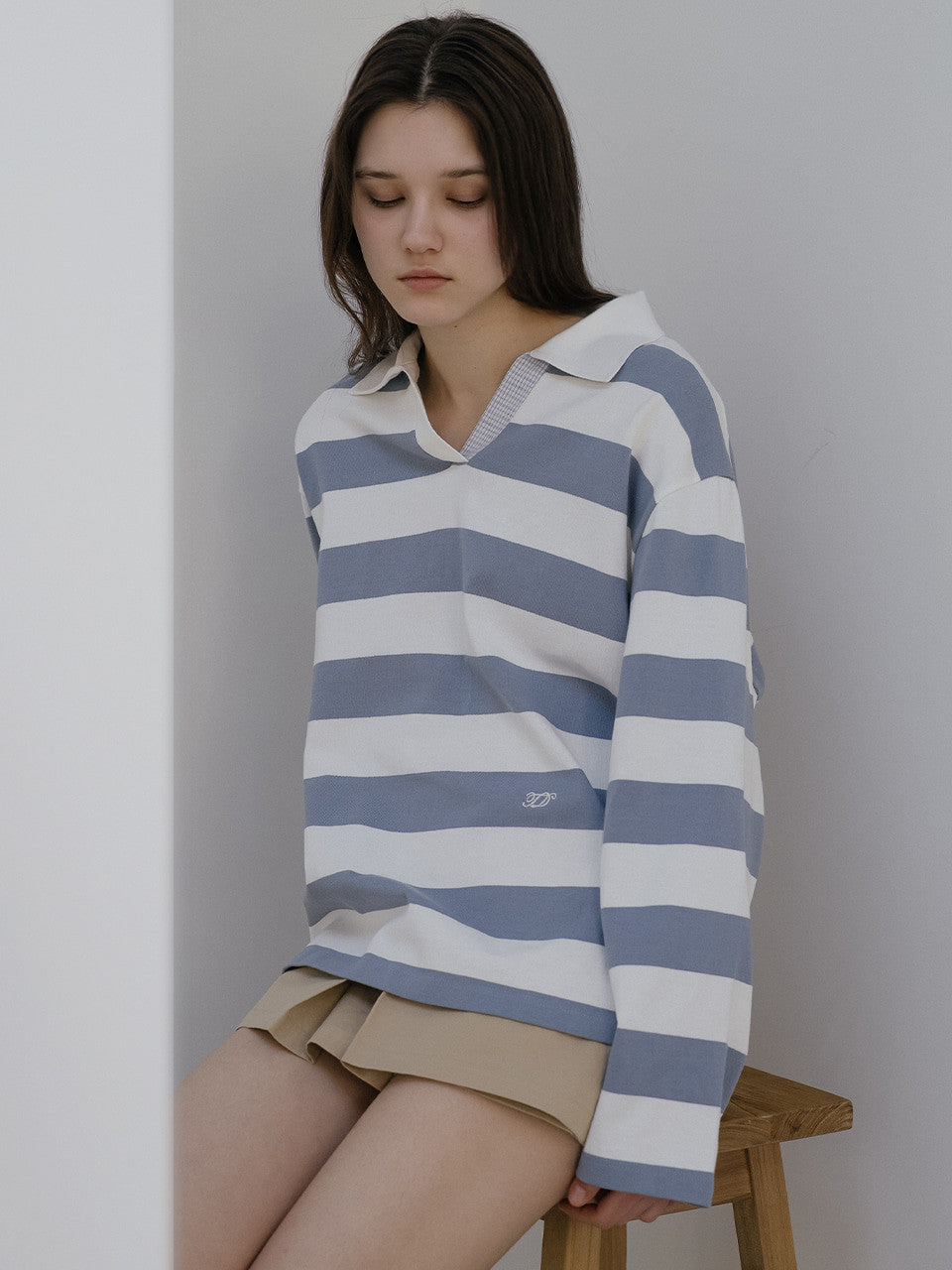 Tillidie Stripe check detail t-shirt Blue