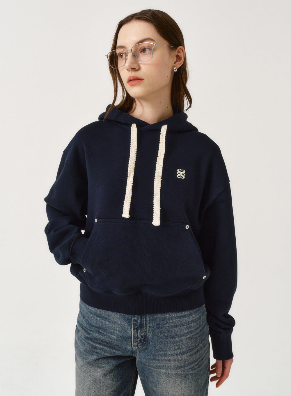 [satur] (W) Classic Small Logo Rivet Hoodie - Classic Navy