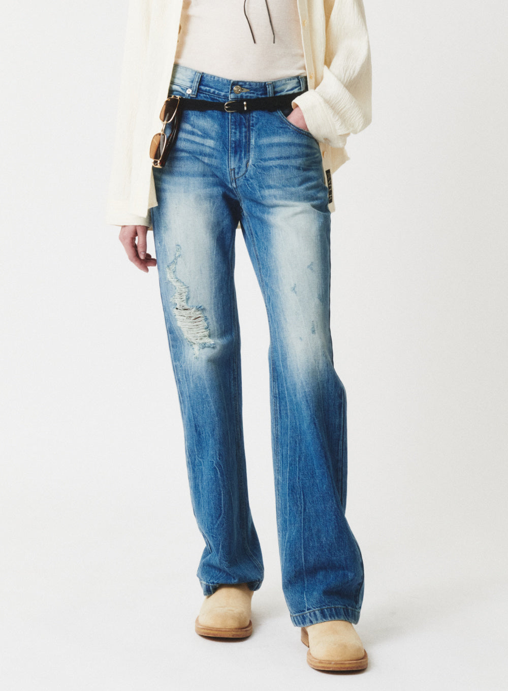 [satur] Basel Destroyed Denim Pants - Ocean Blue