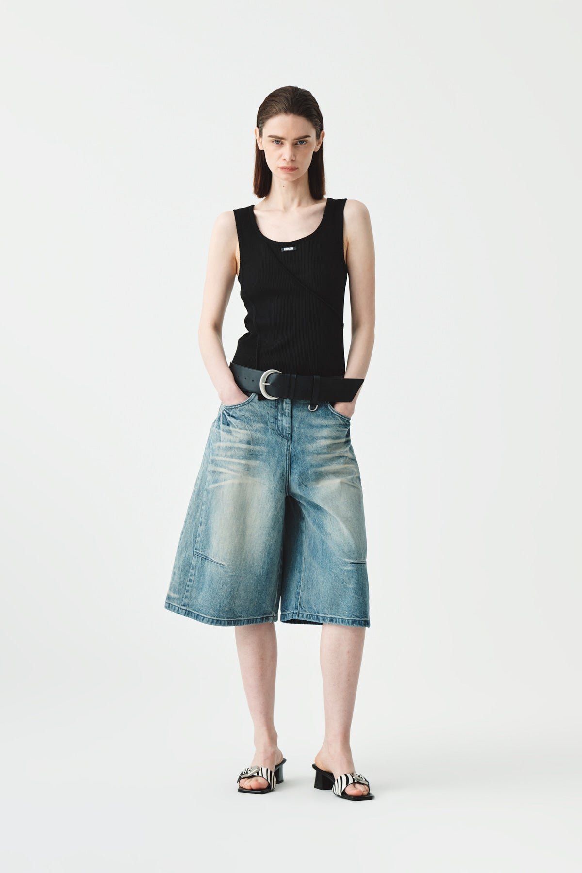 Matinkim Matin Kim Embo Washed Bermuda Denim Pants IN Light Blue