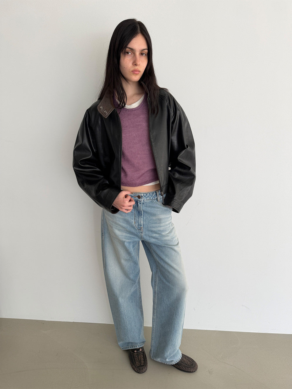 [Low Classic] Stand Collar Artificial Leather Jumper_Black