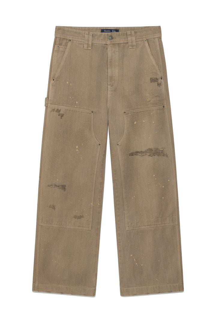 Matinkim Vintage Painting Carpenter Pants For Men IN Beige