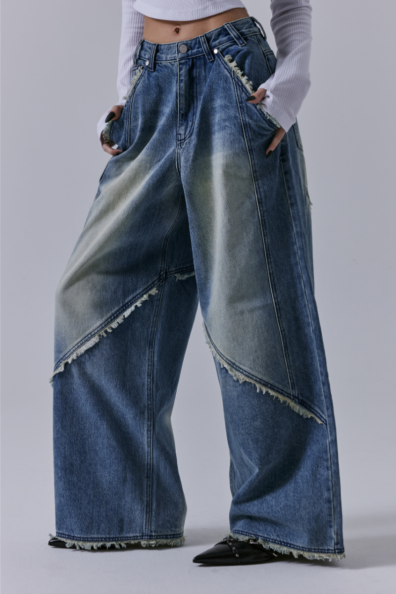 Treemingbird Incision Tassel Denim Pants Blue