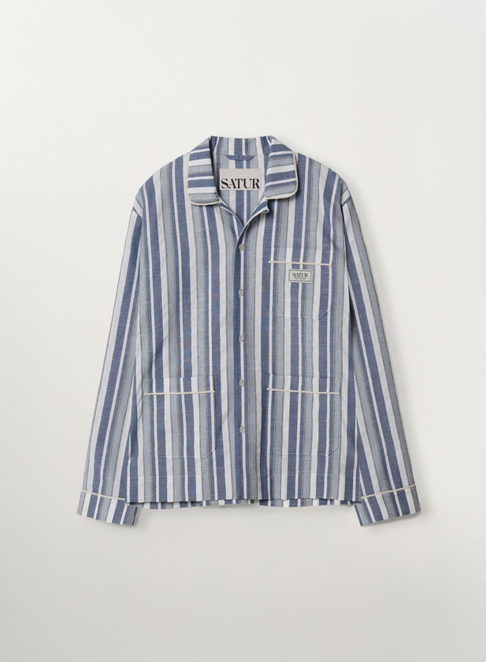 [satur] Homewear Stripe Open Collar Shirt - Blue
