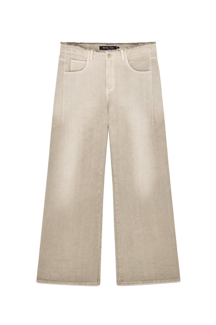 Matinkim Back Pintuck Waistless Denim Pants For Men IN Light Beige