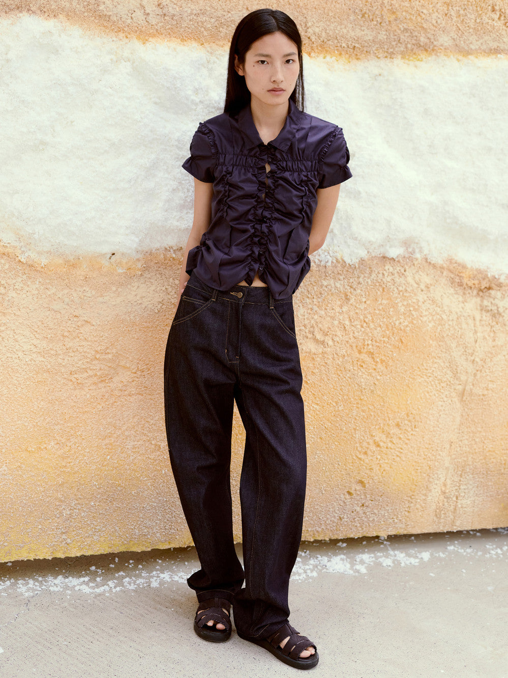 [Low Classic] Wrinkle Half Sleeve Shirt_Navy