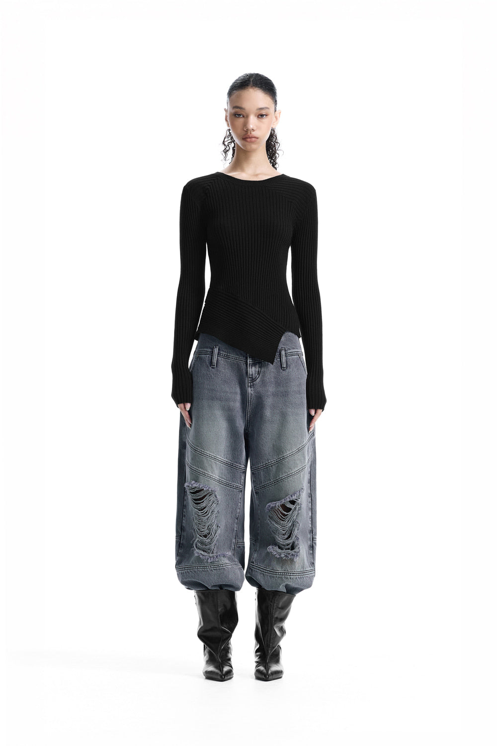 Treemingbird Asymmetric Ribbed Knit Top Black