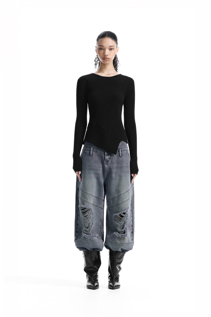 Treemingbird Asymmetric Ribbed Knit Top Black