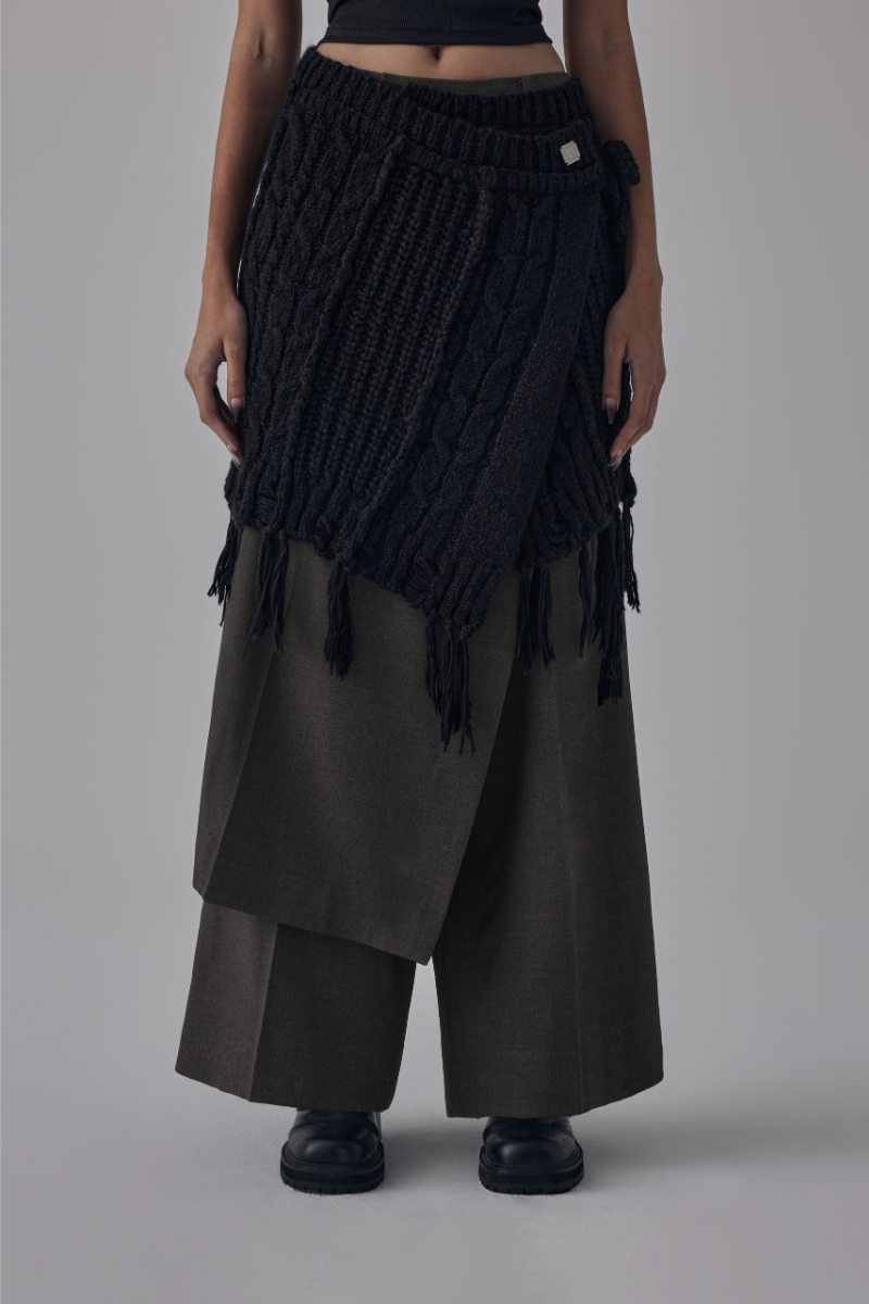 Treemingbird Wool Damage Tassel Knit Set-Up Layered Wrap Black