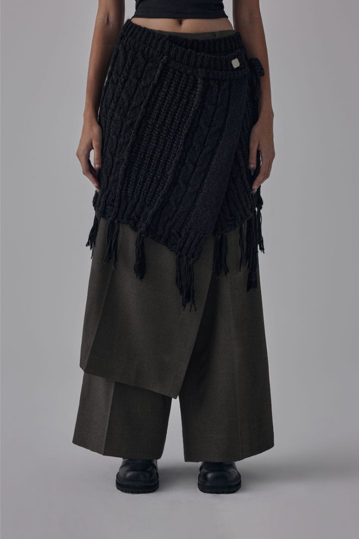 Treemingbird Wool Damage Tassel Knit Set-Up Layered Wrap Black