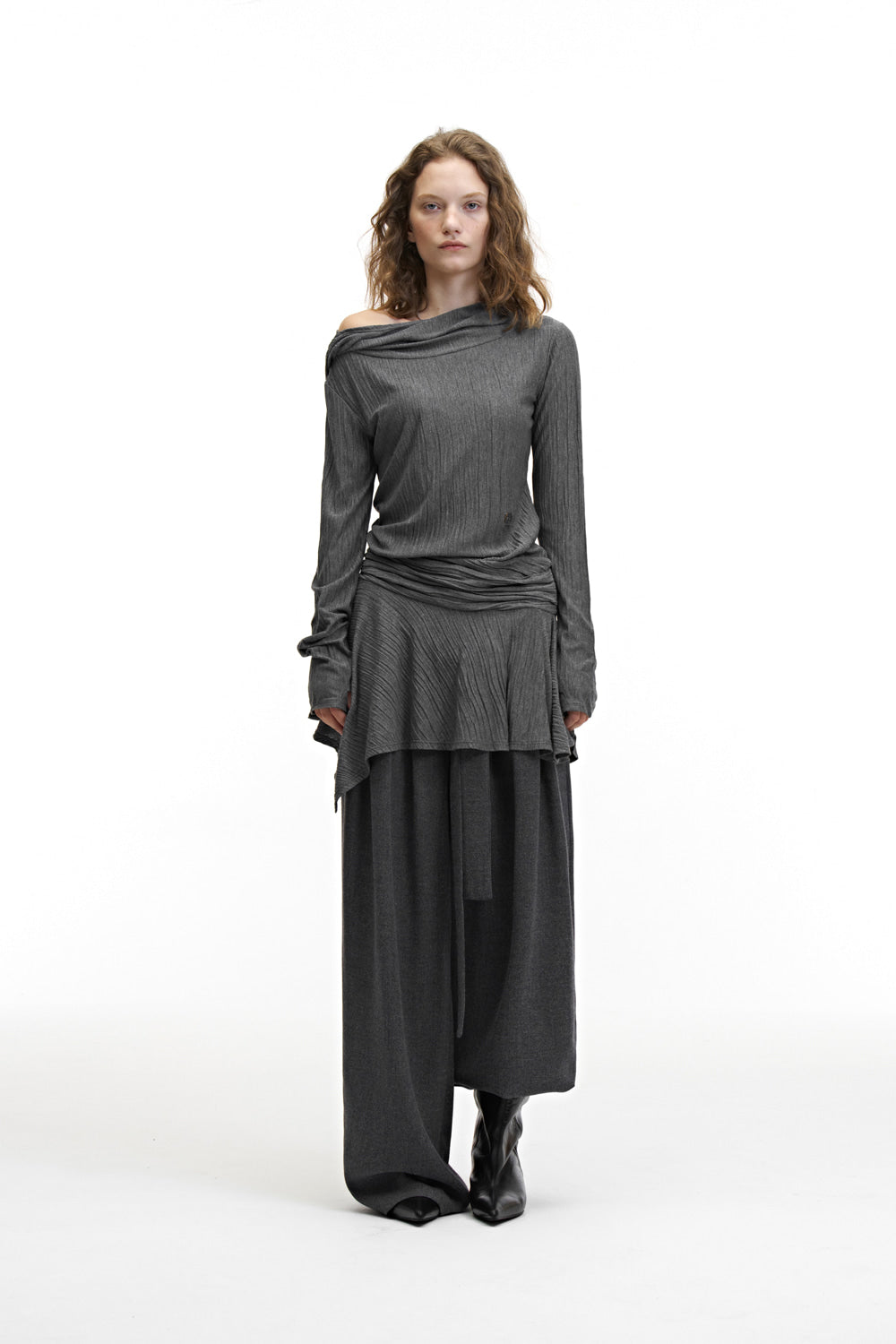Treemingbird Crinkle Draped Hooded Long Sleeve Dress Charcoal