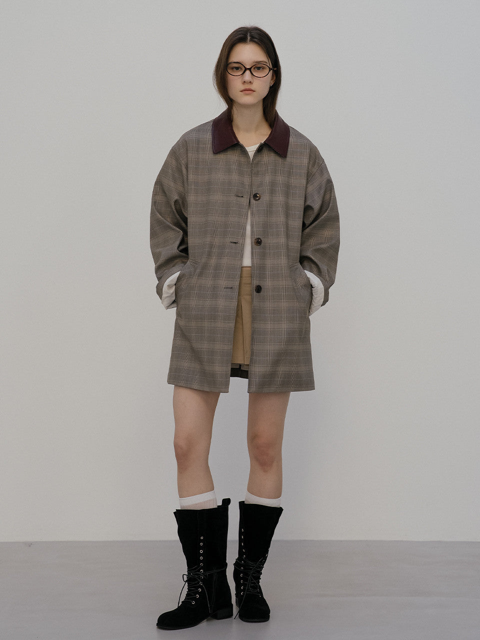 Tillidie Leather point check trench coat Brown
