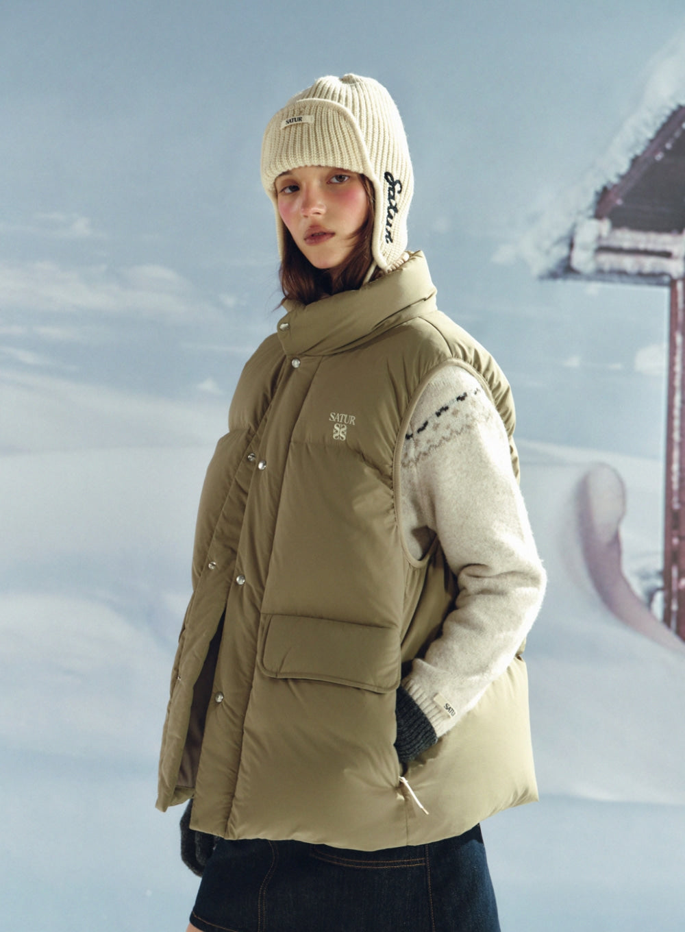 [satur] Apero Pocket Duck Down Padding Vest - Beige